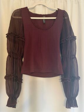 Anthropologie Sheer Sleeve Burgundy Women’s Top